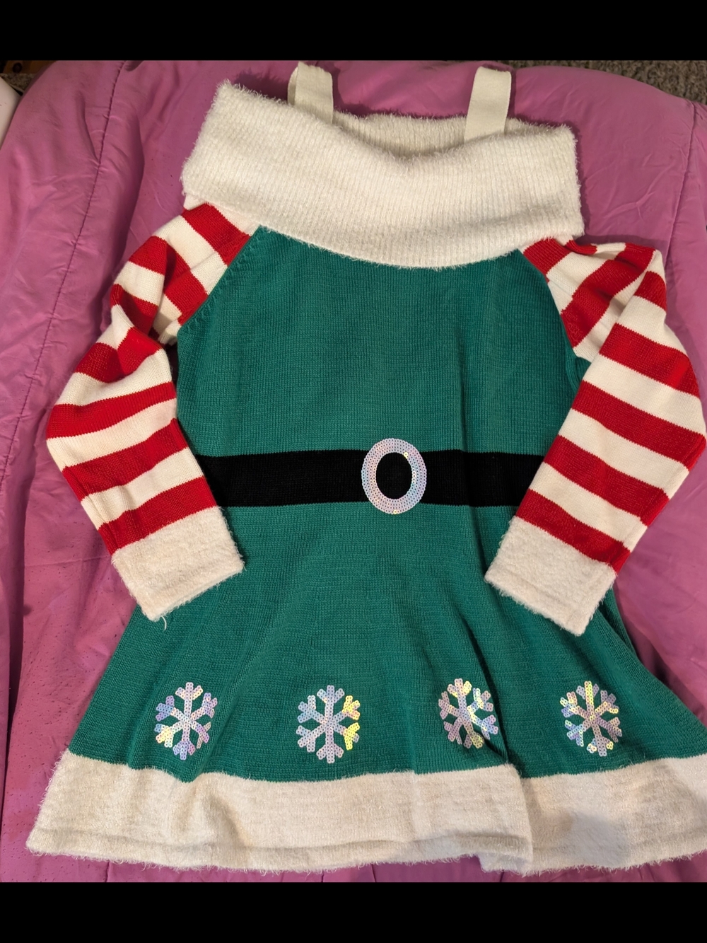 Holiday Elf Sweater Dress with Red Stripe Sleeves